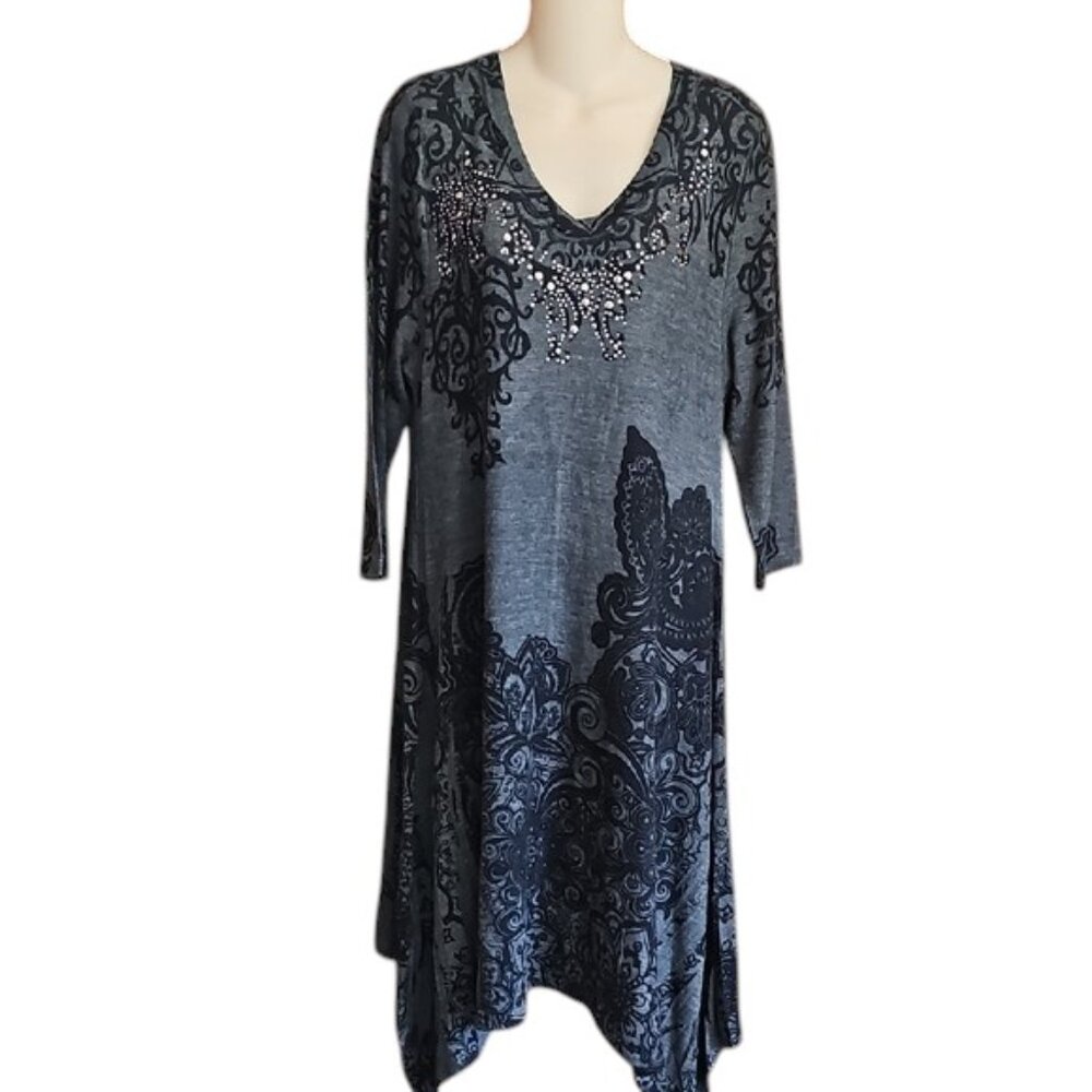 Catch me Gray and Black Patterned Dress rhinestone sparkling embellished stretch